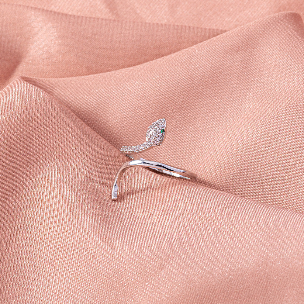 Womens Adjustable Snake Ring With Green Zircon Eyes Copper Electroplated Elegant Fashion Jewelry Statement Animal Ring