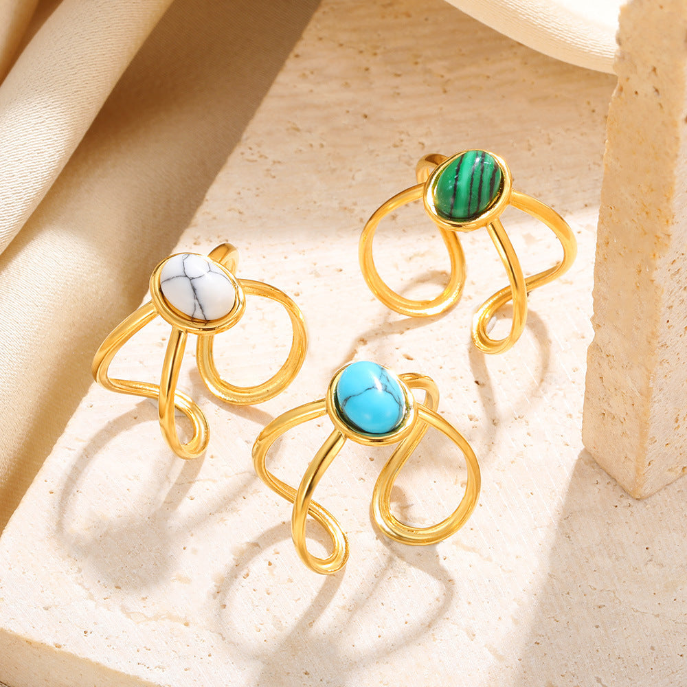 Stainless Steel Ring Turquoise Inlay Geometric Grid Design Electroplated Finish Unisex For Men And Women Trendy