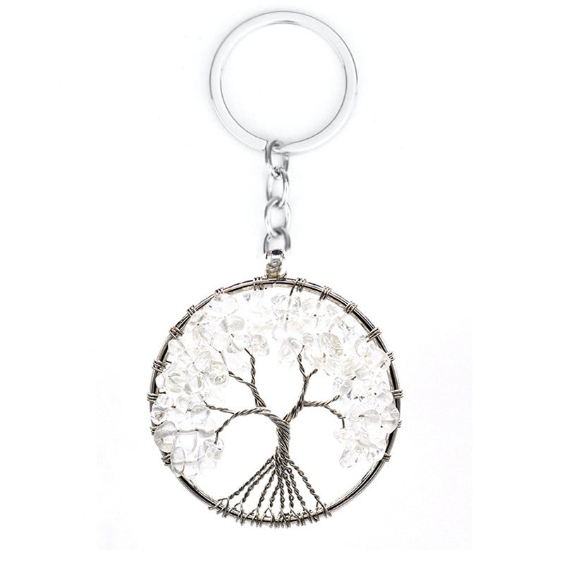 Tree Of Life Keychain Natural Crystal Copper Wire Pendant With Leather Rope For Keys Car Charm White 5cm 7 Colors