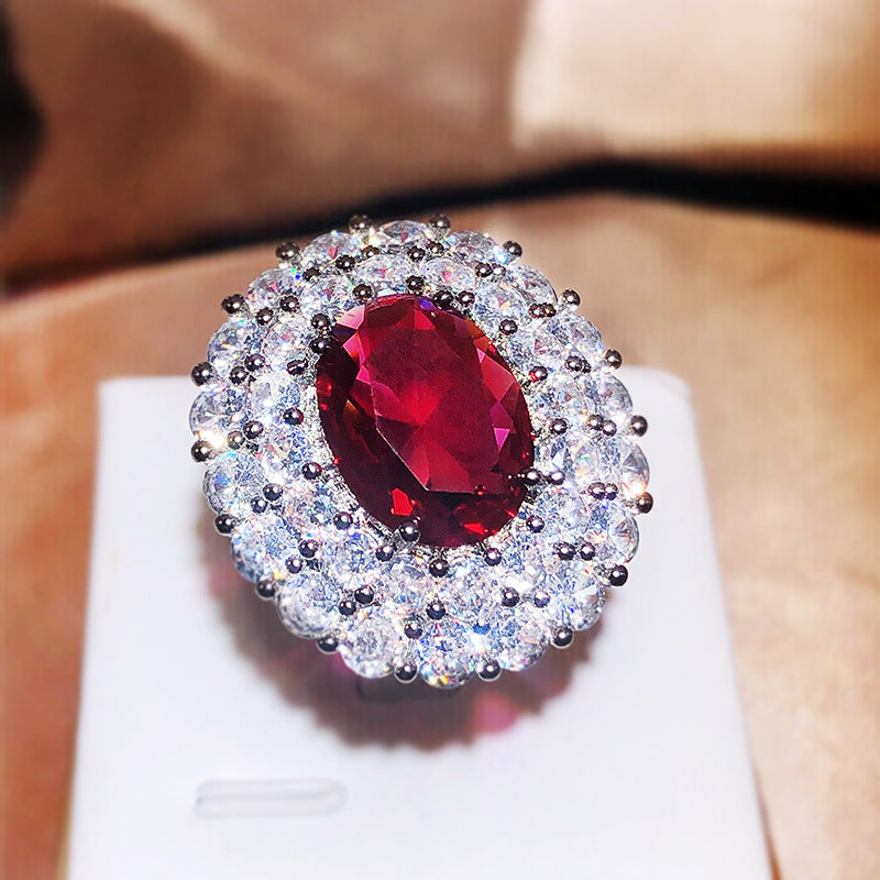 High-end Group Inlaid Zircon Simulation Red Tourmaline Ring