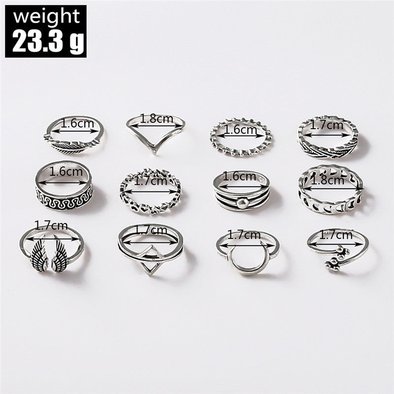 Womens Ring Set 12 Pcs European American Alloy Electroplated Rings Triangle Leaf Joint Designs Fashion Jewelry