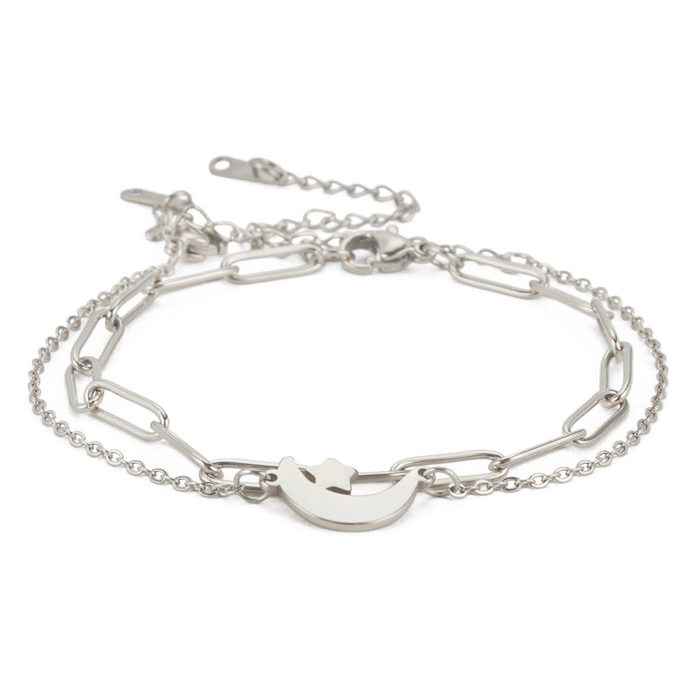 Womens Elegant Stainless Steel Double Layer Bracelet Pattern Design Simple Bangle Jewelry Gift For Her Stylish