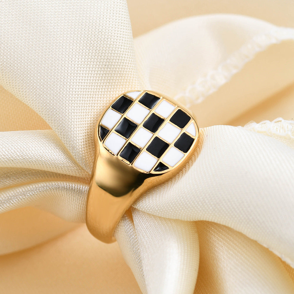 Square Black And White Checkerboard Gold Ring Titanium Steel Diamond Setting Gold Plated Inlaid Stones Size 6 7 8 9