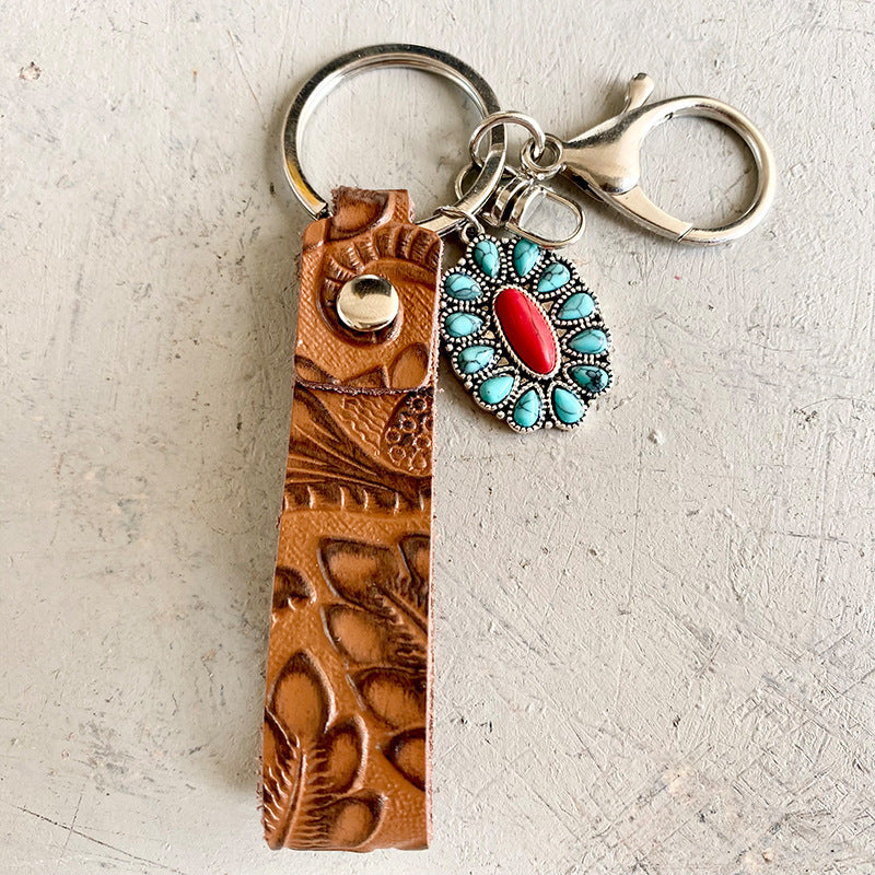 Leather Keychain Embossed Cattle Leather Turquoise Pumpkin Flower Pendant Western Style Electroplated Key Ring