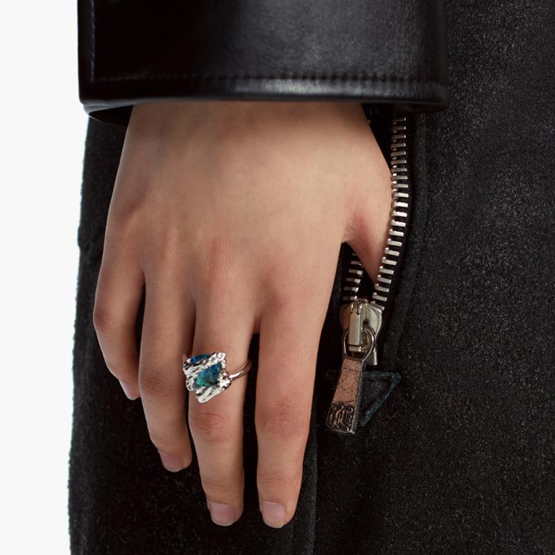 Azure Crystal Geometric Ring Adjustable Gold Plated Alloy Artificial Gemstone Jewelry Fashion Statement Sparkle