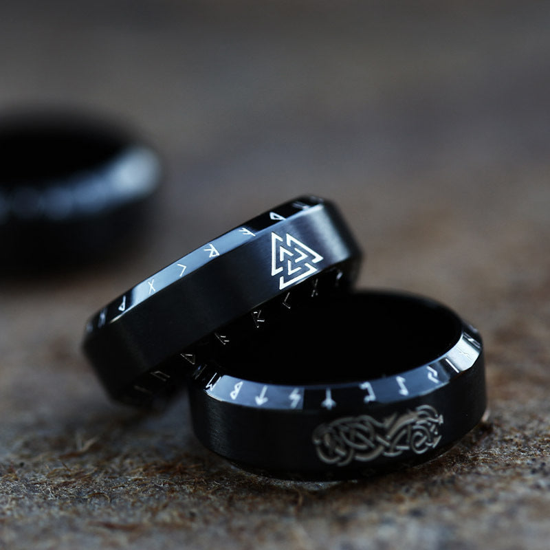 Stainless Steel Ring With Black Carved Dragon And Triangle Pattern For Men Ancient Style Size US 7 8 9 For Men