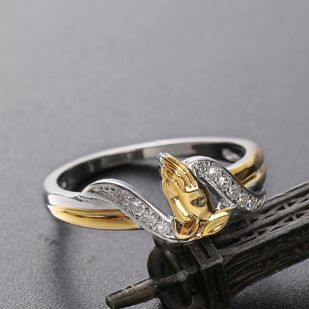 Womens Prayer Hands Ring Two Tone Copper Gold Plated