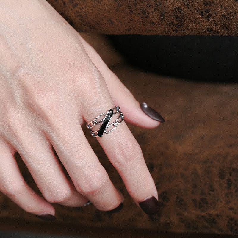 Womens Sterling Silver Ring 925 Wide Epoxy Hollow Chain Band Geometric Design Adjustable Opening Fashion Style