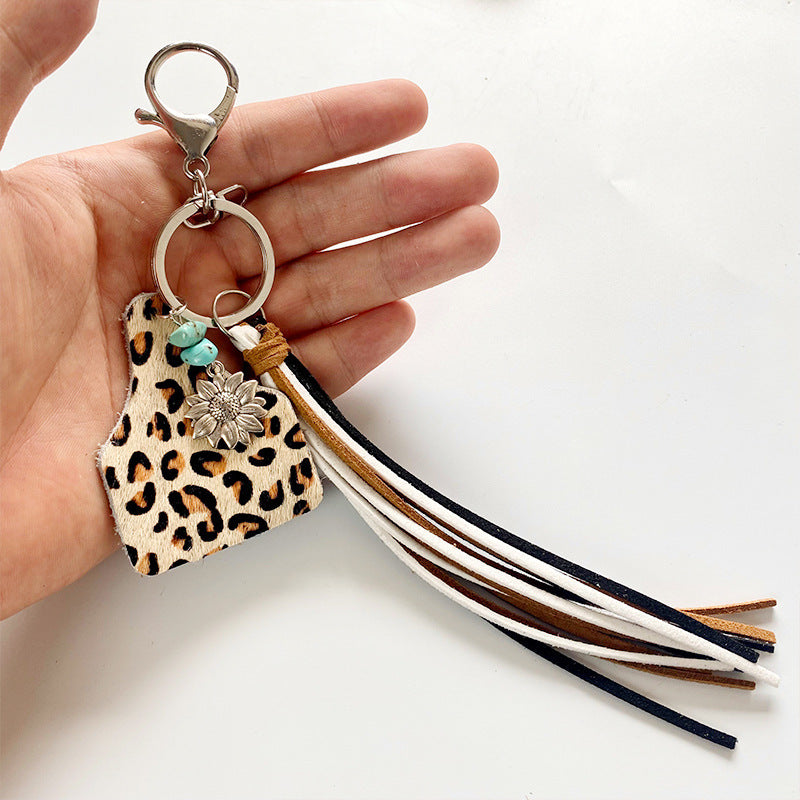 Womens Leather Keychain Turquoise Sunflower Charm Geometric Cow Design Tassel Electroplated Keyring Sweet Charm