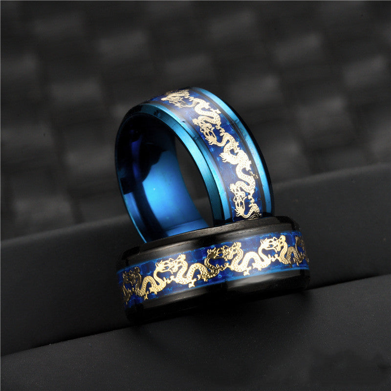 Vintage Chinese Dragon Plated Black Ring With Carbon Fiber Inlay 8mm Stainless Steel For Men And Women Styles