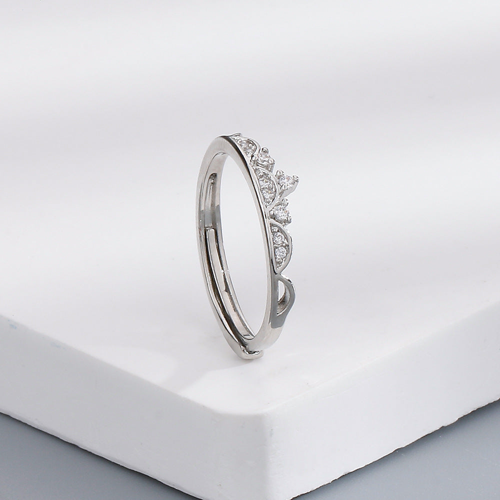 Crown Copper Ring With Inlaid Zircon Flower Shadow Adjustable Womens Fashion Ring Retro White Gold Tone Shines