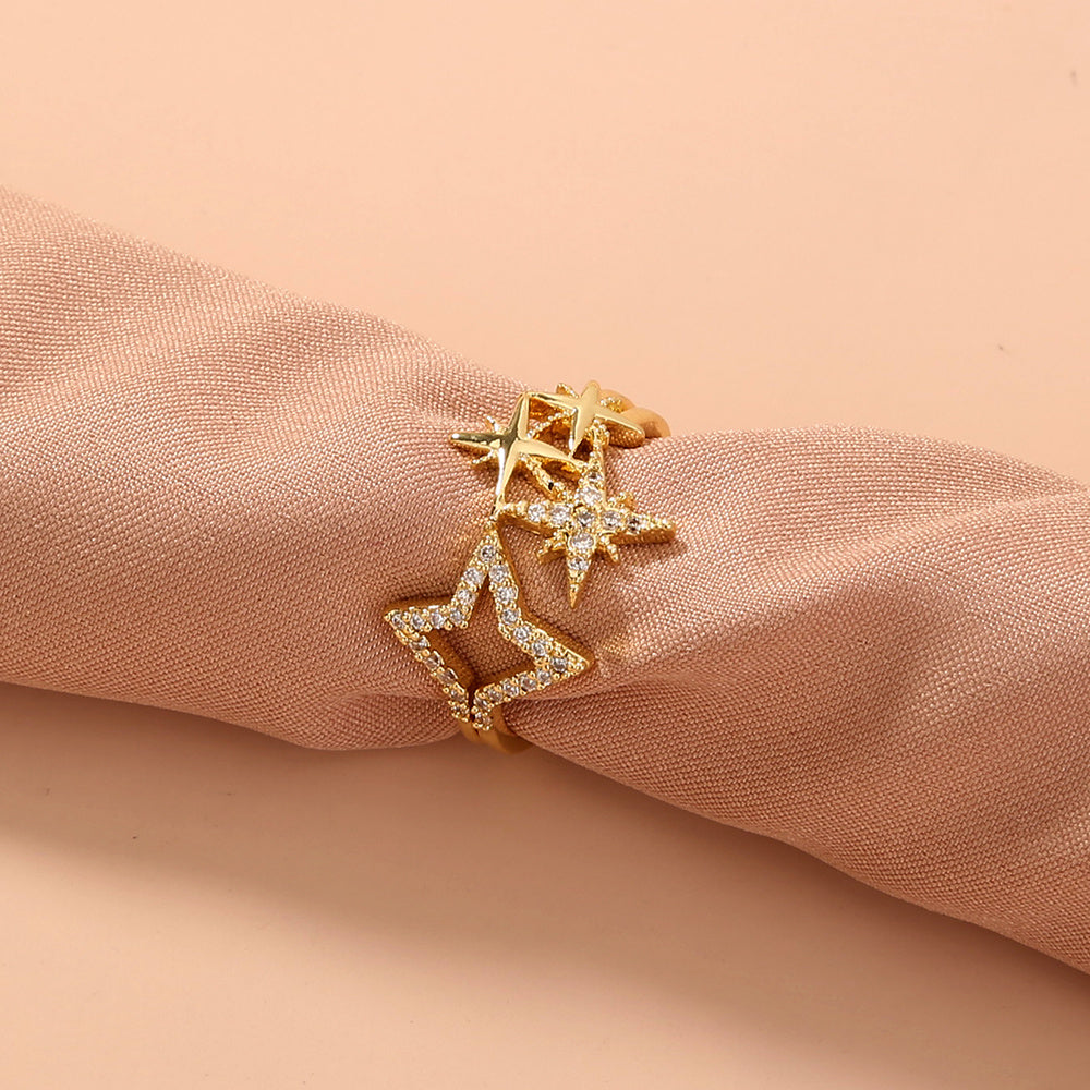Pentagram Ring Star Studded Adjustable Copper Zircon Electroplated Finish European American Delicate Jewelry Trendy
