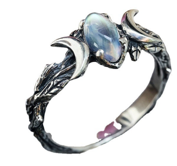 Womens Bohemian Vintage Crescent Moonstone Ring Electroplated Alloy Silver Tone Jewelry For Everyday Style Wear