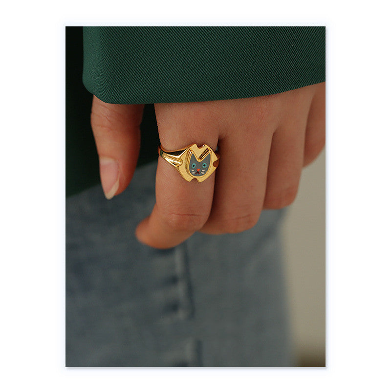 Womens Animal Zodiac Ring Brass Ring with Drip Oil Europe and America Ring Meow Bracelet All-match Ring Net Celebrity Ring Female Ring Jewelry