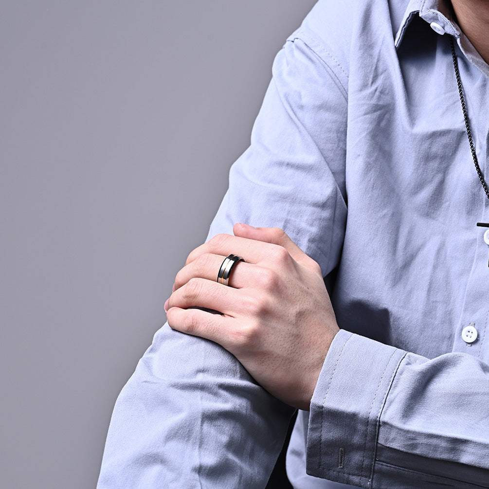 Mens Tungsten Steel Ring Electroplated Geometric Design With Blue Ribbon Accent Anti Rub Fit Ring Unisex Alloy Ring