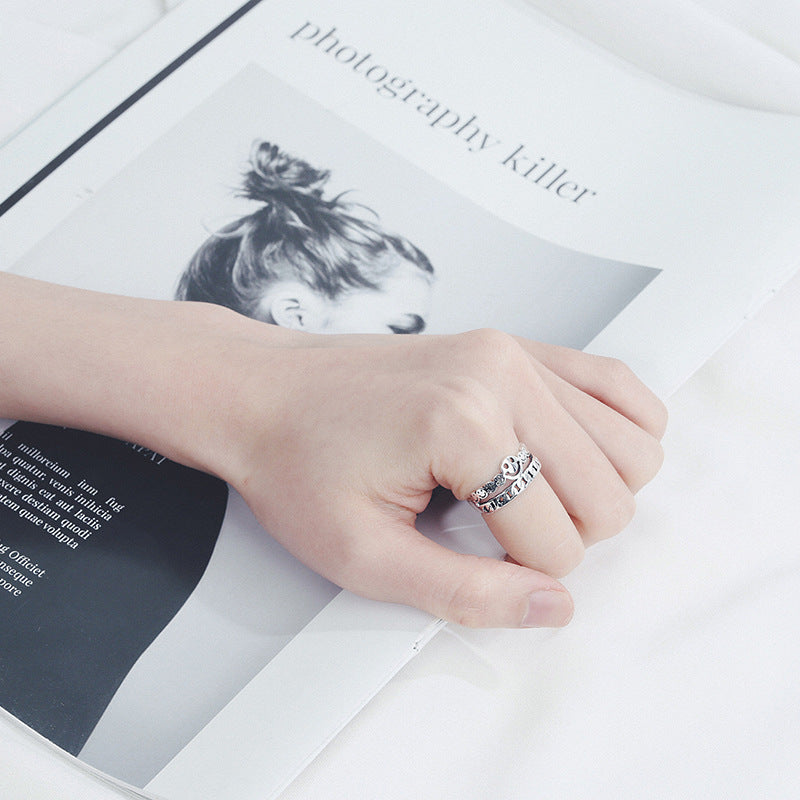 Unisex Retro Smiley Face Ring Adjustable Copper Ring Silver Fashion Jewelry 9mm Thick Band Ring For Women Thai