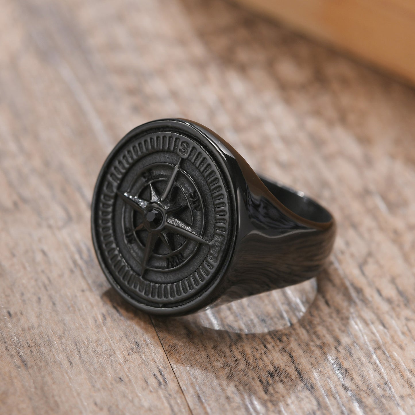 Stainless Steel Compass Ring Black Round Mens Fashion Accessory Durable Lightweight Gift Idea for Him Everyday