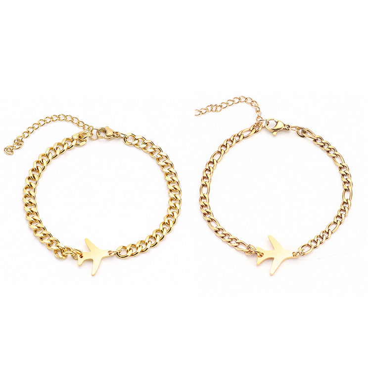 Couple Bracelet Stainless Steel Cuban Chain Airplane Pendant Matching Bracelets His And Hers Geometric Jewelry