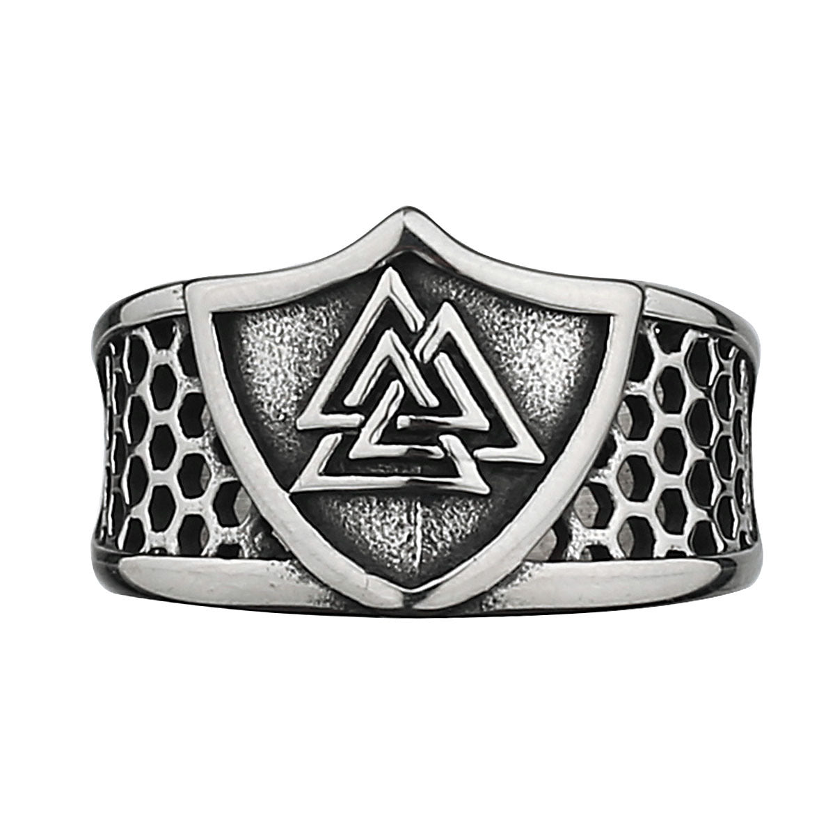 Men Shield Rune Ring Titanium Steel Hollow Band Vintage Norse Inspired Jewelry For Everyday Wear Durable Gift Idea