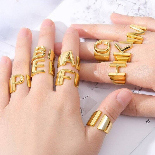 Women's Initial Letter Ring Wide Band Alphabet Copper Electroplated Personalized Statement Jewelry Gift Online