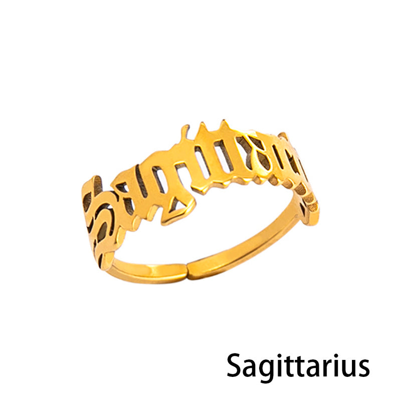 Stainless Steel Zodiac Sign Open Ring Adjustable Gold Letter Initial Ring for Women Lightweight Everyday Spark