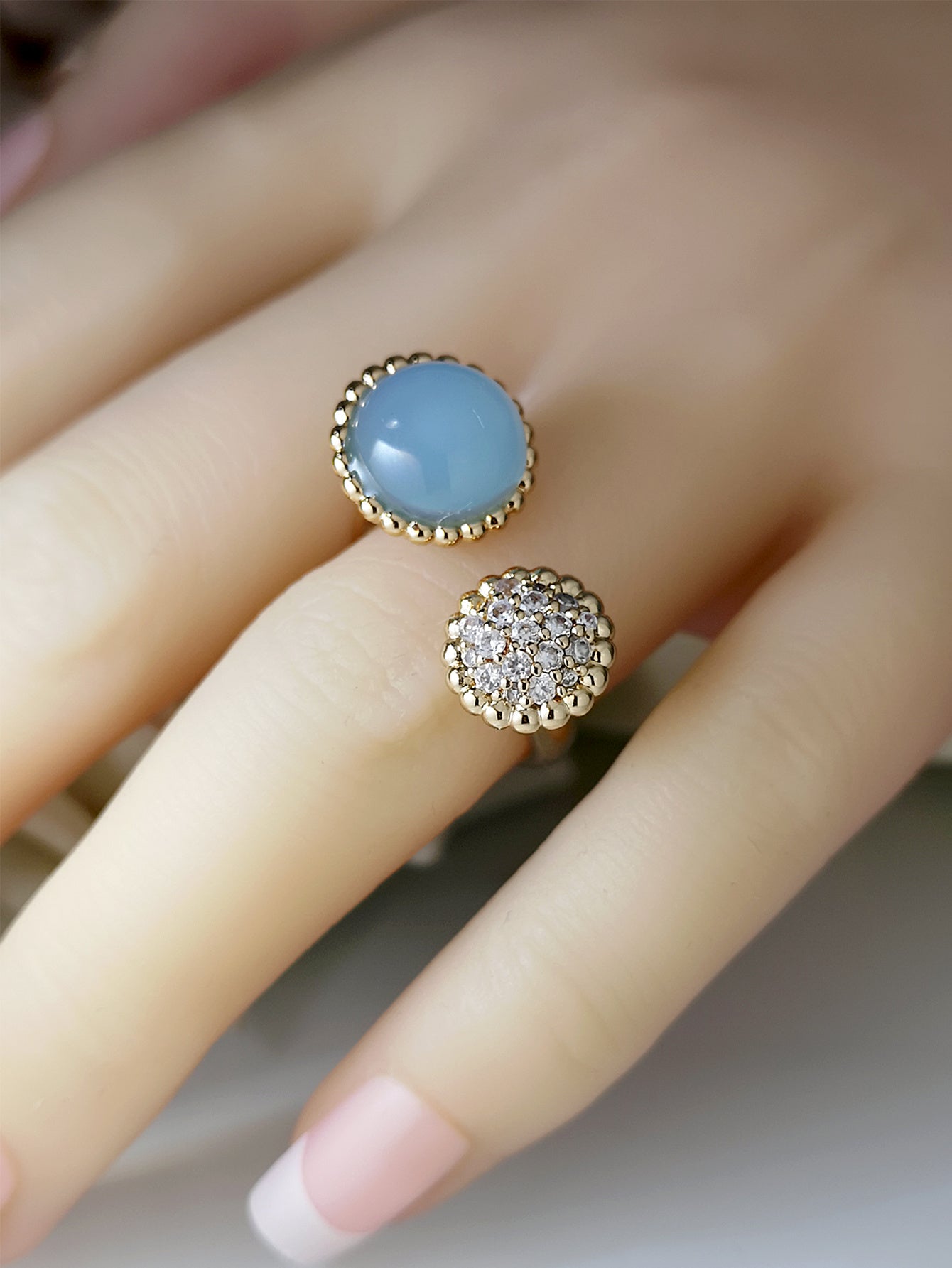 Rose Gold Geometric Ring Copper Zircon Accents Glass