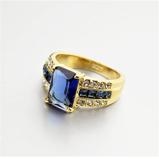Gold Plated Ring With Blue Gemstone Inlaid Geometric Design For Women European American Style Jewelry Accessory