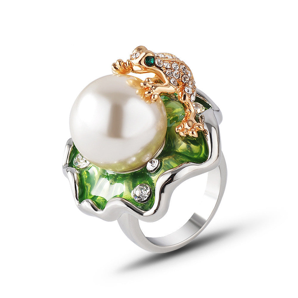 Womens Alloy Frog Lotus Leaf Ring Inlaid Pearl Sparkling Accents Fashion Jewelry Durable Statement Gift Styles