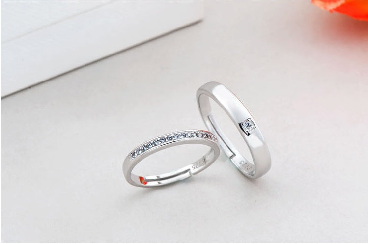 Sterling Silver Couple Rings Simple New Geometric Bands with Zircon Stone Engagement Promise Jewelry for Women