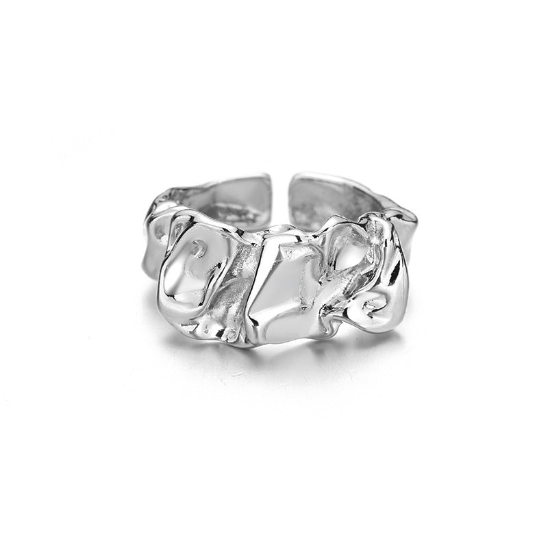 Adjustable Copper Ring With Inlaid Zircon Geometric Wide Band Exaggerated Folds for Women Gift Modern Look Now