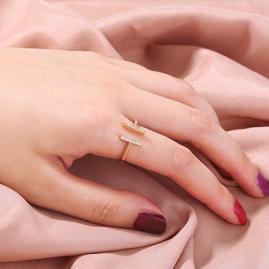 Copper Zircon Open Ring Adjustable Jewelry For Women And Girls Statement Accessory With Bright Stones And Plating