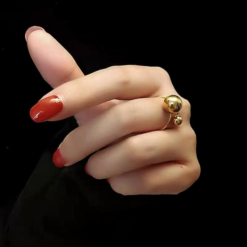 Open Mouth Geometric Titanium Steel Ring With Double Ball And Split Three Ball Design For Fashion Jewelry Chic