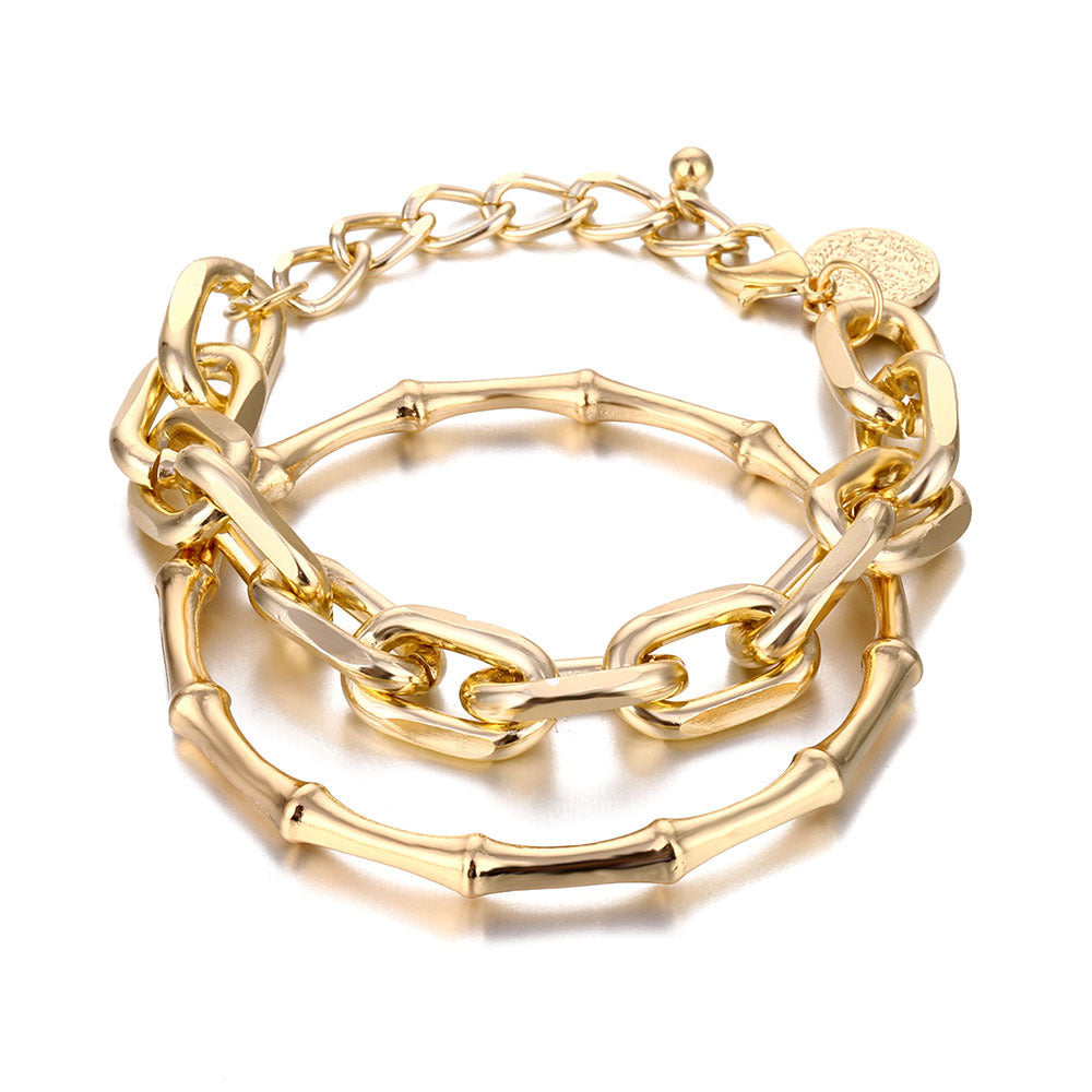 Womens Retro Coin Layered Bracelet Thick Chain With Bamboo Link Geometric Alloy Gold Shine Statement Accessory