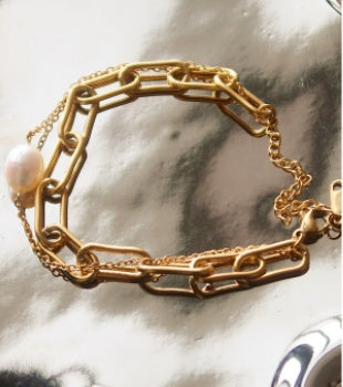 Womens Double Layer Bracelet Pearl Pendant Titanium Steel Gold Tone Durable Elegant Fashion Jewelry Gift Pearl