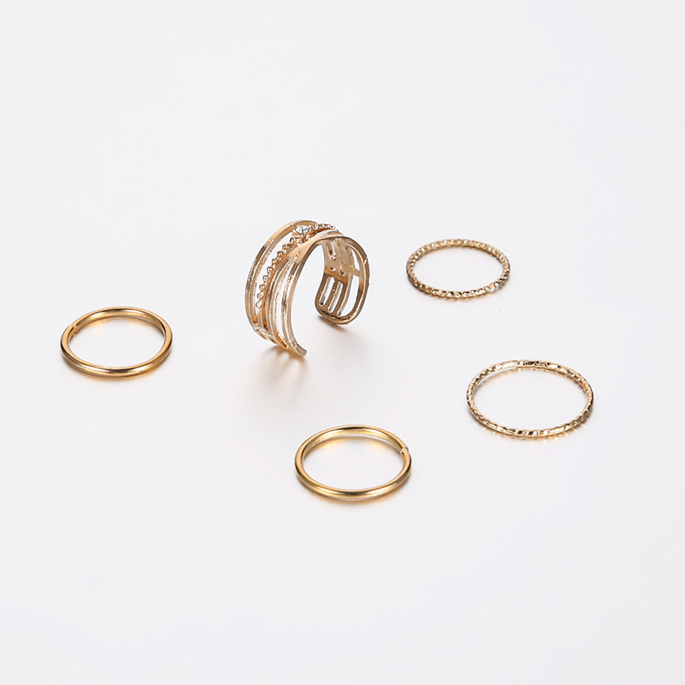 Geometric Ring Set Five Piece Electroplated Alloy With Rhinestones Inlaid Gemstones European Style Jewelry Collection