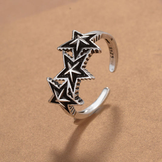 Unisex Hip Hop Double Ring With Triple Five Pointed Star Design Copper Ring In Thai Silver Color Style Glow Up