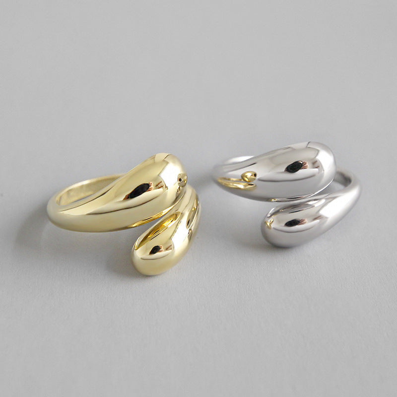 Unisex Open End Ring Geometric Water Drop Design Korean Gift Minimalist Glossy Gold Silver Plated Copper Band Ring