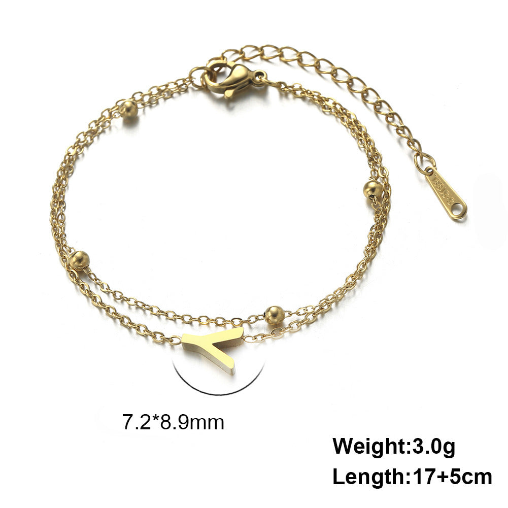 Womens Stainless Steel Double Layer Chain Bracelet With Initial Pendant Electroplated Finish Jewelry Gift Gold