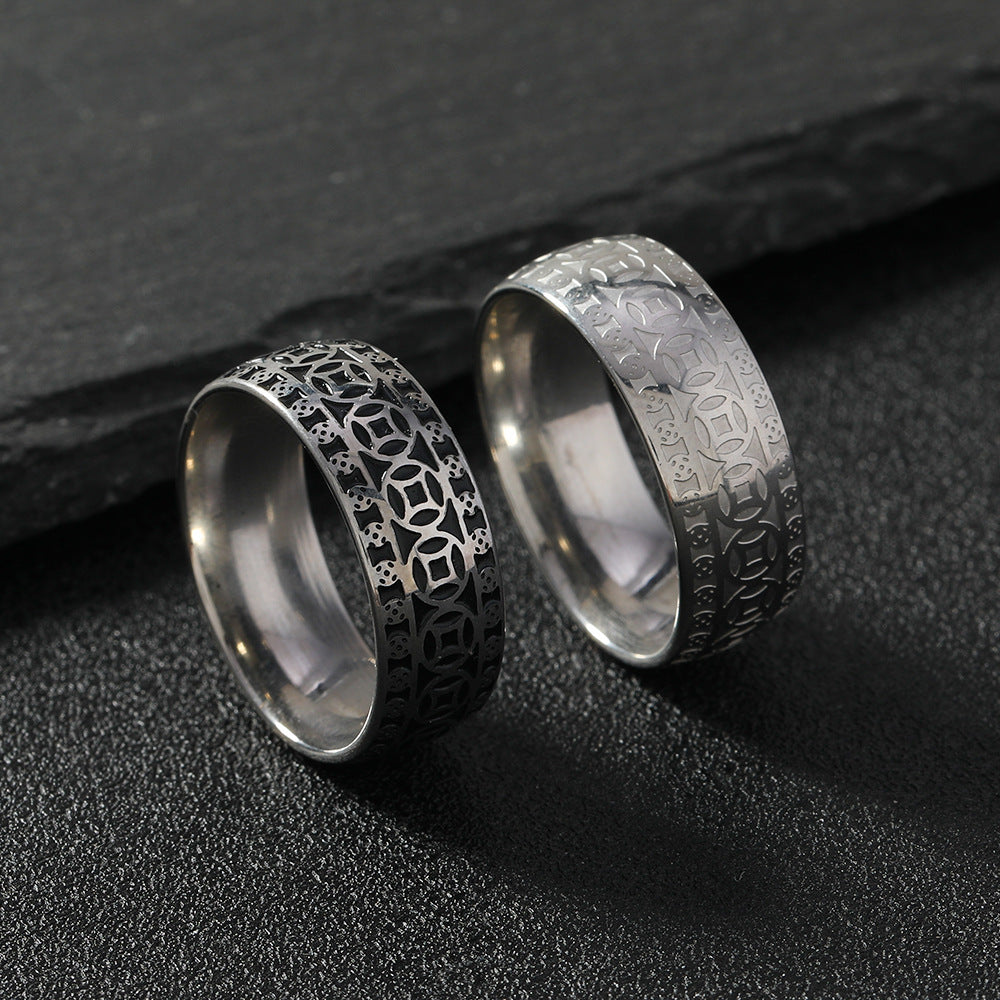 Men's Stainless Steel Ring Geometric Design With Copper Coin Accent Steel Color Durable Fashion Accessory For Men