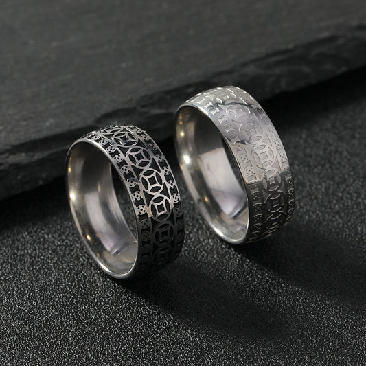 Men's Stainless Steel Ring Geometric Design With Copper Coin Accent Steel Color Durable Fashion Accessory For Men