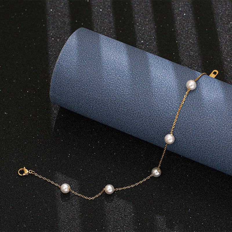 Women Anklet Titanium Steel Pearl Foot Chain Geometric Design Beach Jewelry Durable Foot Accessory Stylish Pro