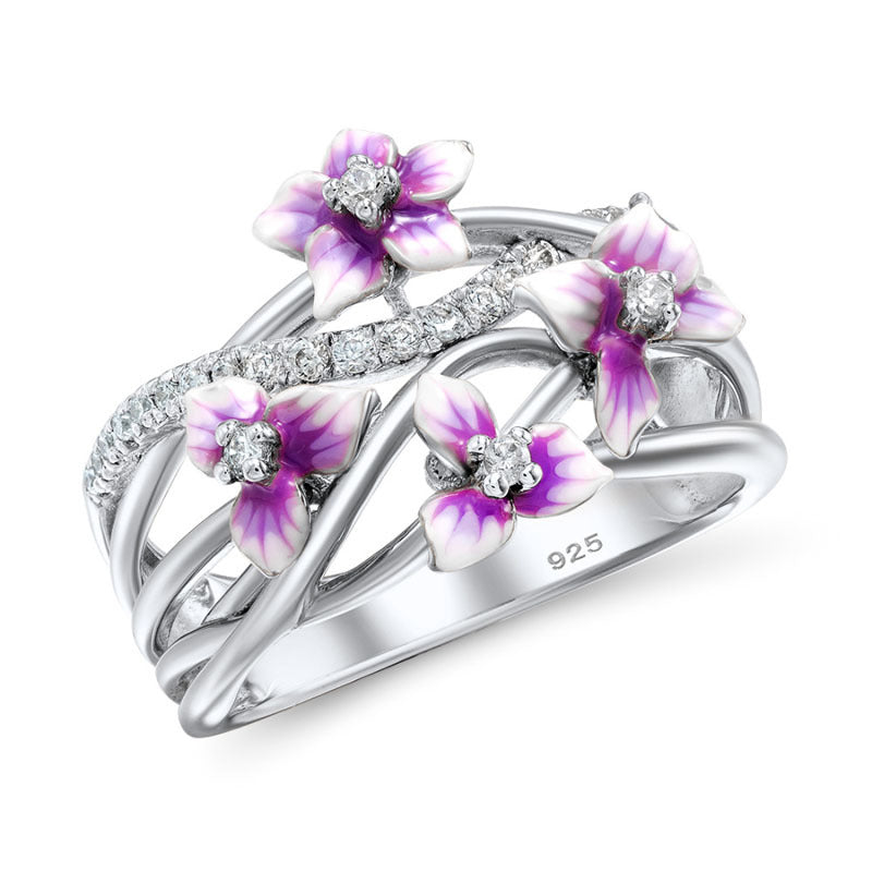 Violet Flower Color Epoxy Resin Ring With Brass And White Steel Inlays Of Gemstones For Women Sizes 6 7 8 9 10