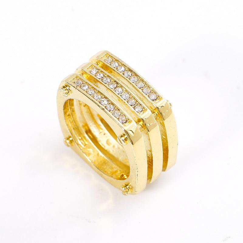 Mens Gold Geometric Alloy Ring Three Row Hollow Design