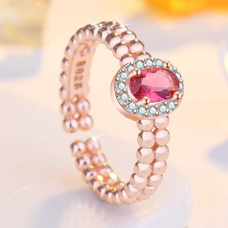 Adjustable Copper Ring With Inlaid Red Stone Geometric Design