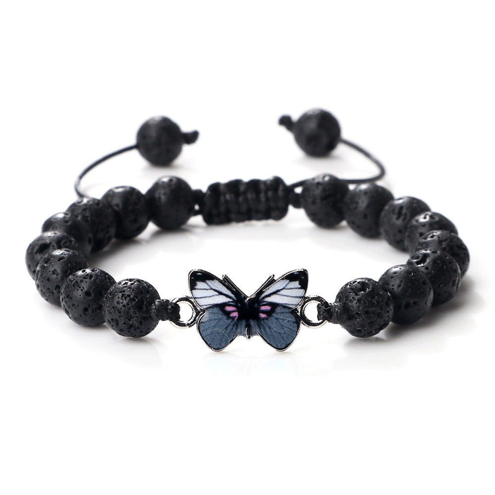 Woven Butterfly Bracelet Adjustable Handmade Tiger Eye Volcanic Rock Agate White Porcelain Bead Jewelry Gift For Women