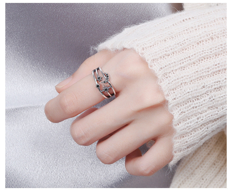 Sterling Silver Moon And Star Open Ring Vintage Geometric Design 925 Jewelry For Women Daily Wear Elegant Accessory