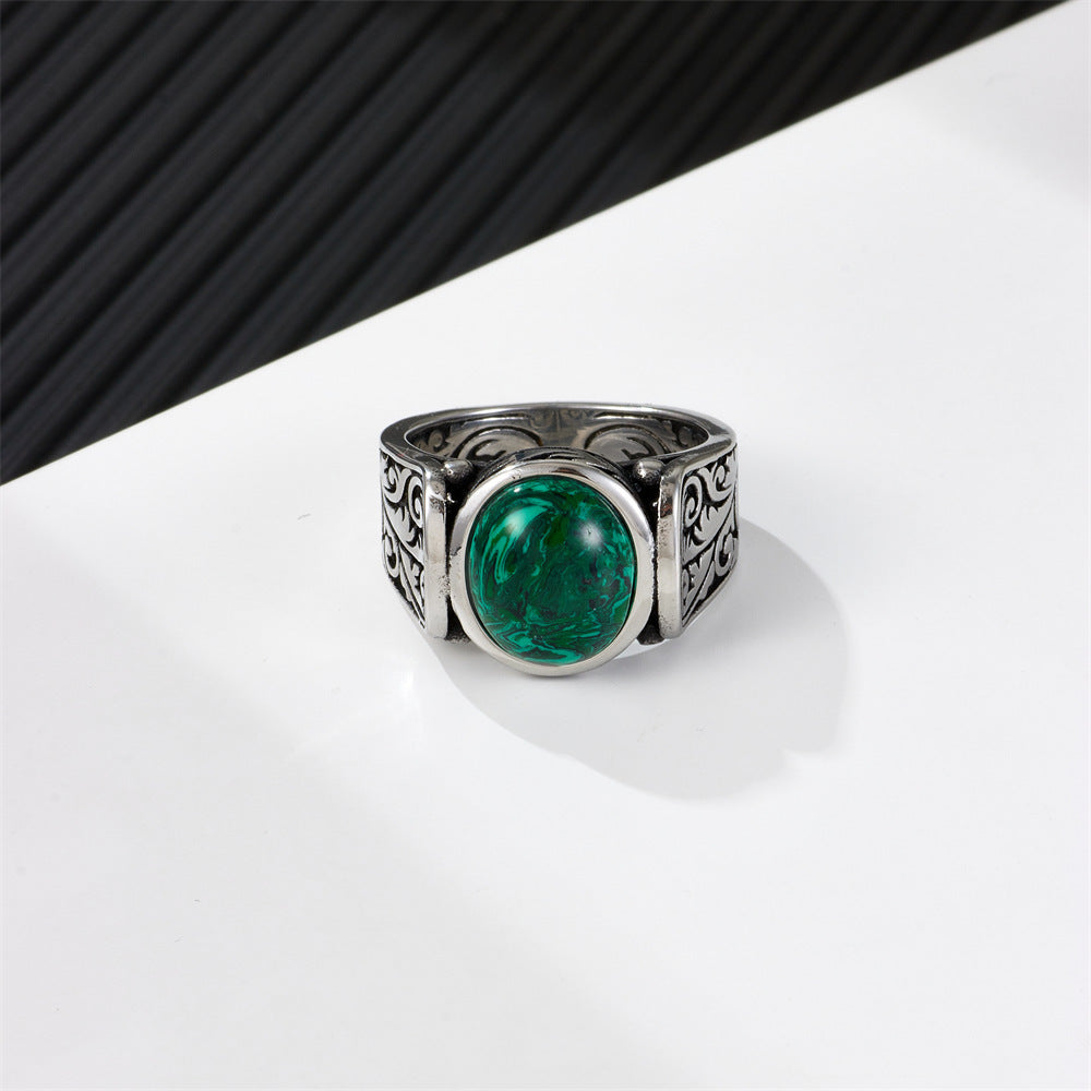 Men's Titanium Steel Ring With Natural Stone Inlay Vintage Irregular Drop Shaped Band for Him Everyday Classic