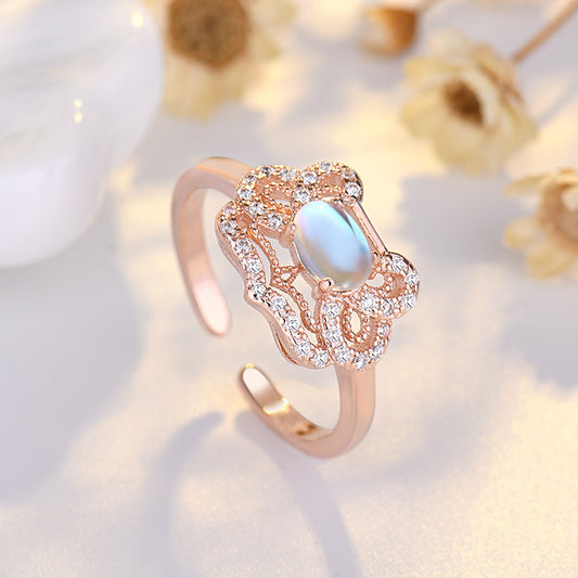 Womens Korean U Shape Ring Moonstone 10x14mm Face Adjustable Opening Copper Electroplated Fashion Jewelry Gem