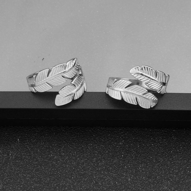 Unisex Stainless Steel Feather Ring Adjustable Open Geometric Wing Wheat Design Jewelry Electroplated Finish Style