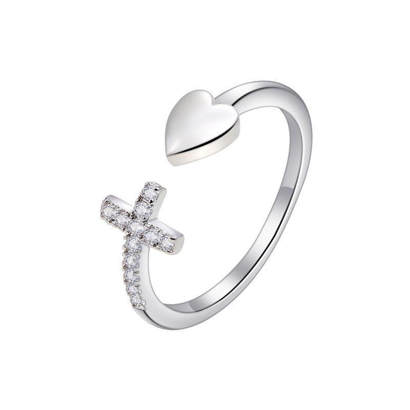 Womens Ring Heart Shaped Cross Design Copper Alloy Electroplated Elegant Anniversary Gift Wear Durable Jewelry